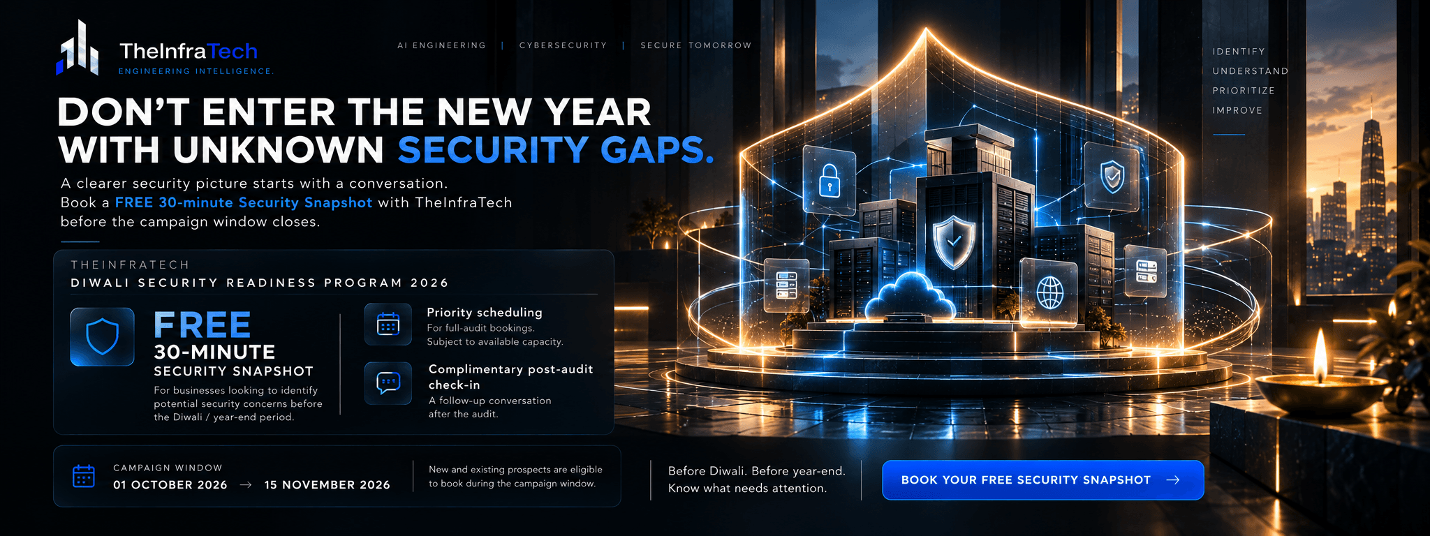 TheInfraTech Diwali Security Readiness Program 2026 poster: “Don’t enter the new year with unknown security gaps.” Offers a free 30-minute Security Snapshot, priority scheduling for full-audit bookings and a complimentary post-audit check-in, during the campaign window of 1 October to 15 November 2026.